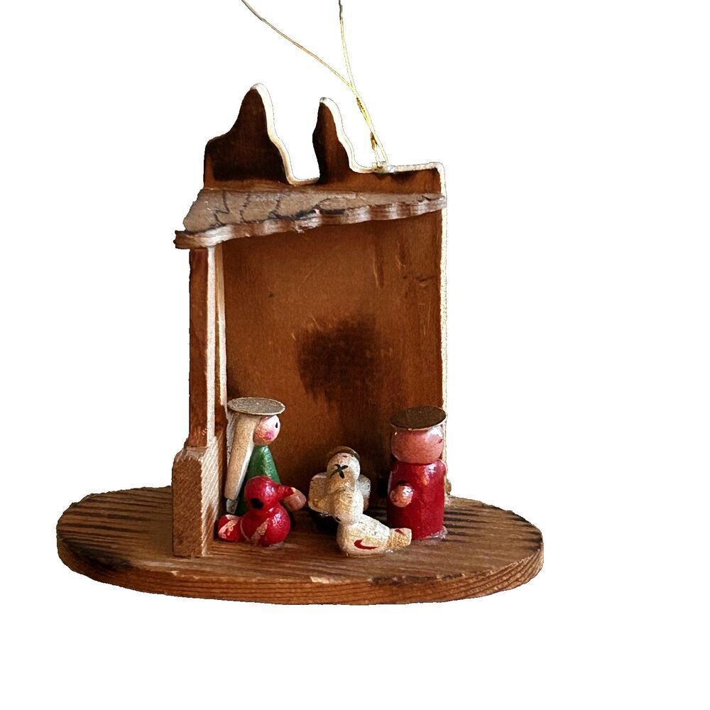 Vintage Russ Berrie 3" Nativity Scene Ornament Wood Jesus Mary Joseph Manger